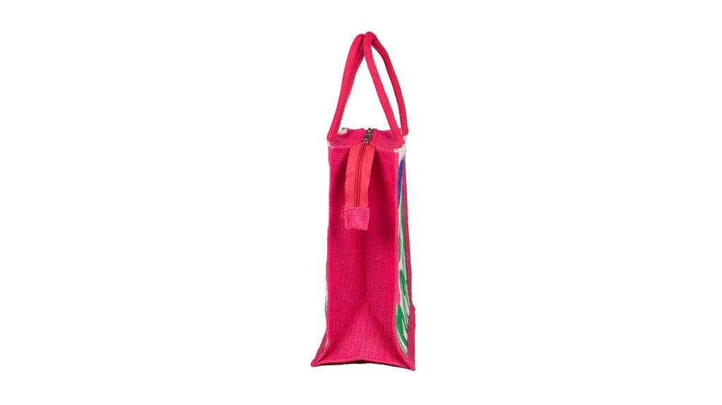 Pink Jute Tote Bag with Floral Print - Eco-Friendly Shopping Bag view 2