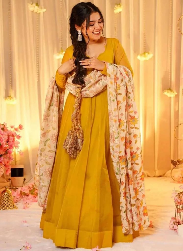 Mustard Yellow Georgette Anarkali Gown with Floral Embroidered Dupatta view 2