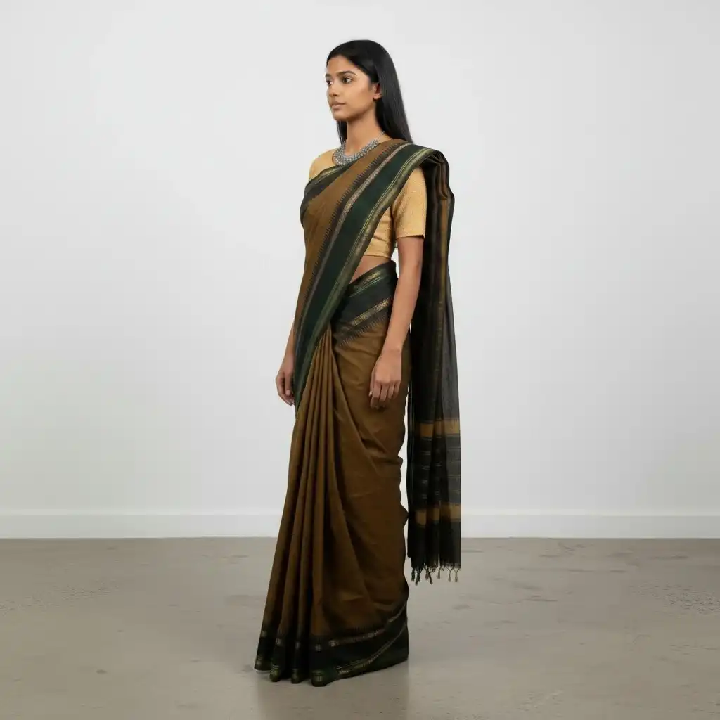 Handwoven Olive Brown Kanchipuram Cotton Saree with Temple Border view 2