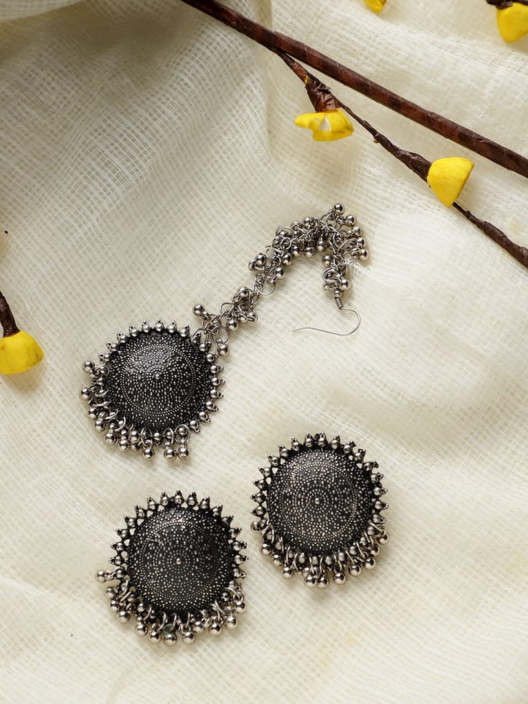 Cardinal Oxidized Silver Color Maang Tika & Earrings view 2