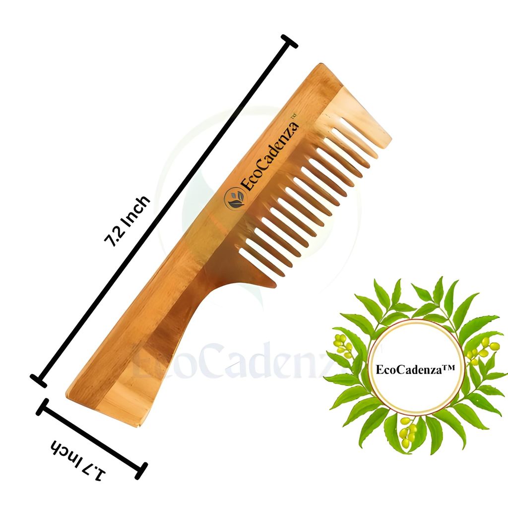 EcoCadenza Neem Wood Full Size Comb, Ethically Sourced, Controls Dandruff, Treated with Oils and Herbs - 7.5 Inch view 2