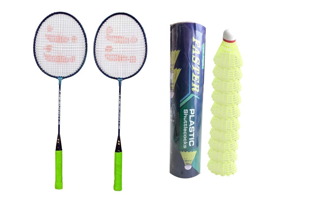 JJ Jonex Polypropylene Faster Sunny Badminton 2 Rackets and 10 Shuttles Box with Full Cover, Multicolor