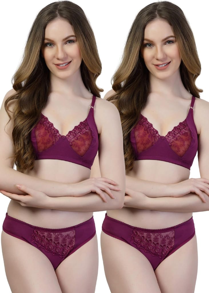 adornstar Women Cotton Lingerie Set with Solid Color Design | Non Wired and Non Padded Bra with Full Coverage Hipster Panty Set | Stylish and Soft Stretchable Fabric (Pack of 2) view 2