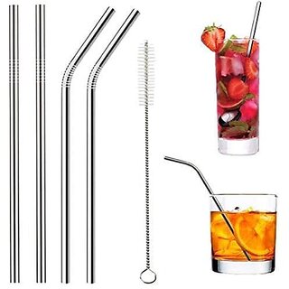 Reusable BPA-Free Metal Thick Long Dishwasher Safe Stainless Steel Drinking Straws 8.5 Inches (2 Straight 2 Bend and 1 Cleaning Brush)