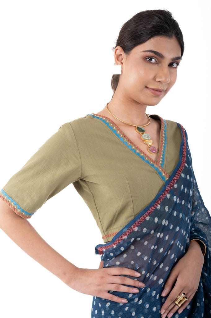 Shifrah Soof Embroidered Olive Half Sleeve Blouse view 2