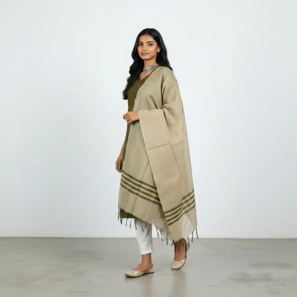 Mangalagiri Raw Silk Kurti with Zari-Check Dupatta in Olive Green and Beige view 2