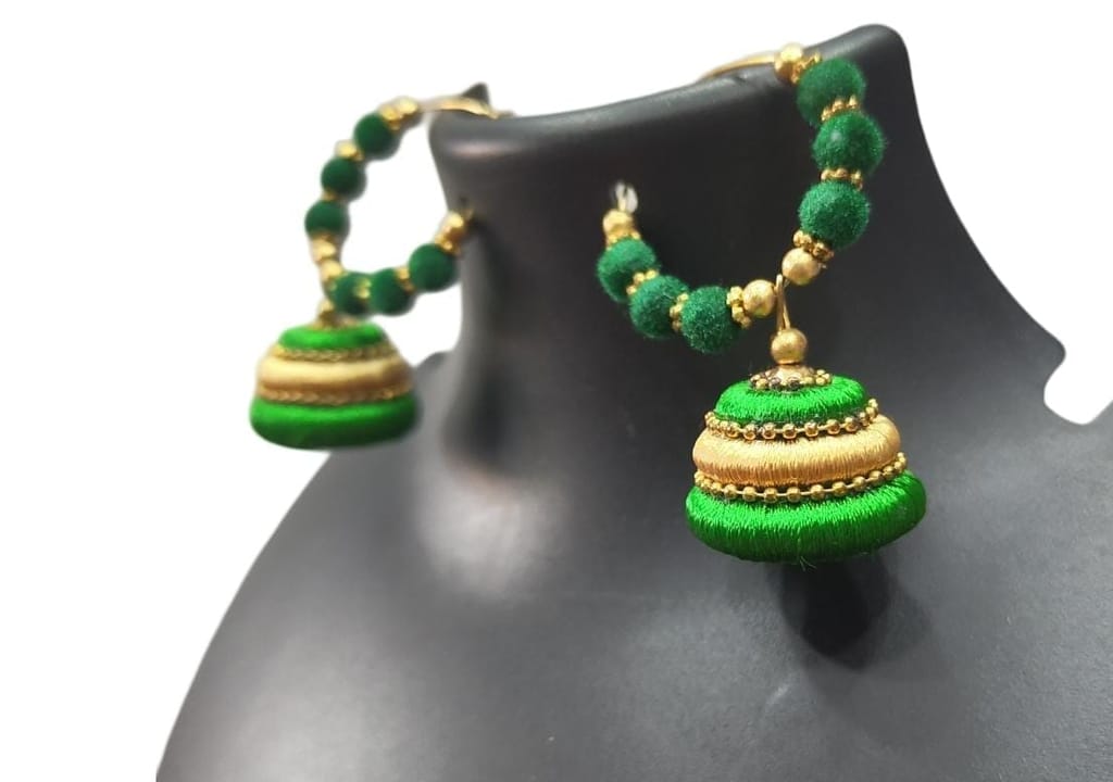 Green Silk Thread Jhumka Earrings with Golden Beads view 2