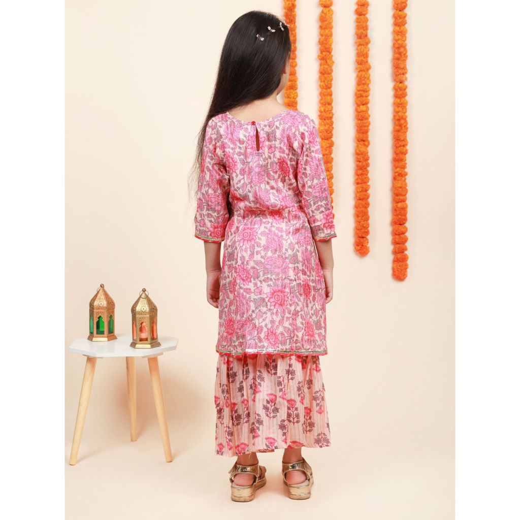 Bebe Unicorn Casual & Trendy Kids Wear Round Neck Three Quarter Sleeves Button on Back Shrug Type Kurta and Sharara Set of Top & Bottom for Girls view 2