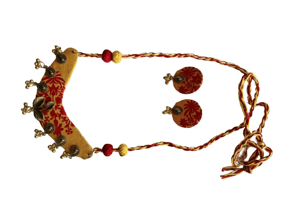 handmade glod plated yellow & red combined necklace set view 2