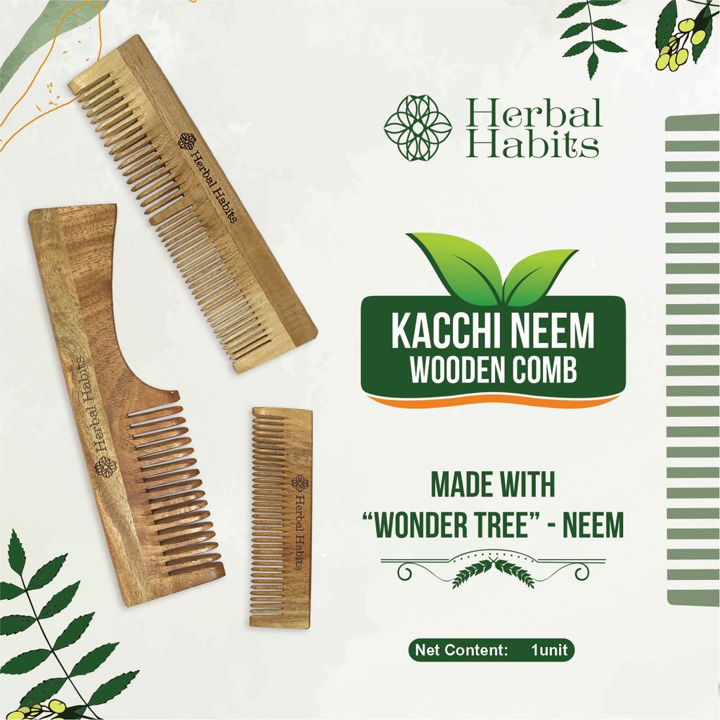 Herbal Habits Kacchi Neem Comb Combo (Pocket comb, Handle comb & Dual Tooth comb) view 2