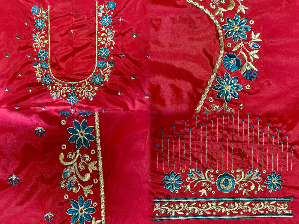 Red and Blue Embroidered Blouse Design with Zari and Stone Work view 2