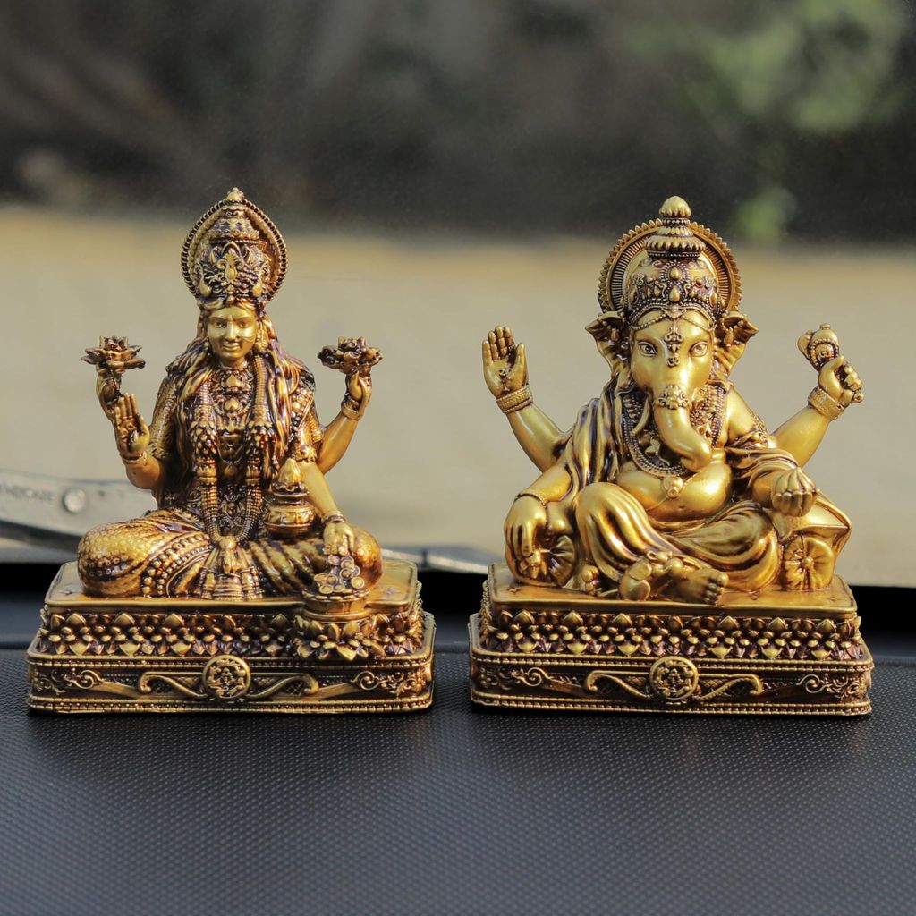 Artarium Maa Laxmi Ganesha Pair Idol Goddess Lakshmi Devi Ganpati Ji Murti for Car Dashboard Home Decor Diwali Pooja Statue Home Gifting Showpiece (Chowki Laxmi Ganesha 4 Inch) view 2