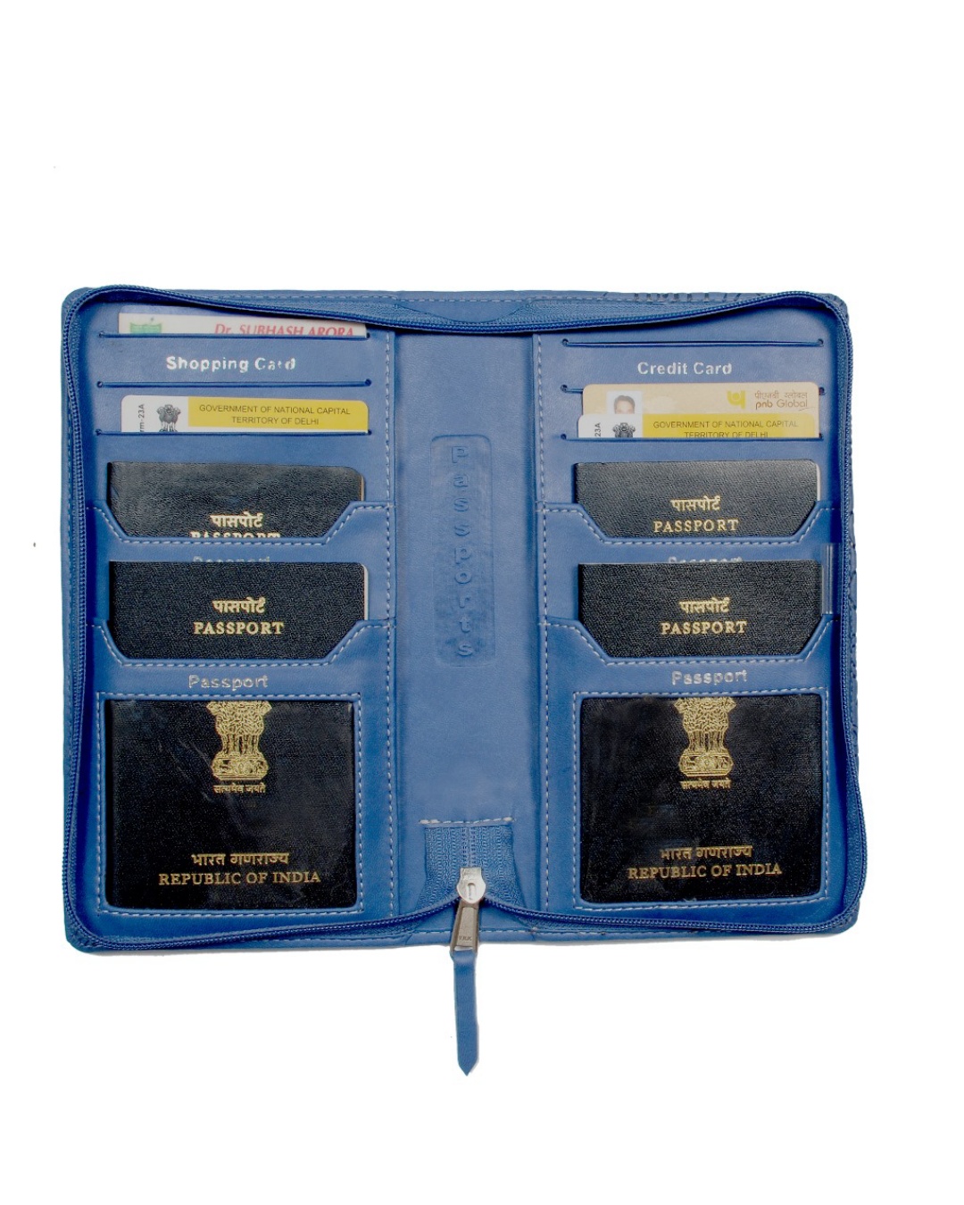 Sukeshcraft 2gether Passport Holder for 4 Passport -RFID Protected,3 Shopping Card,3 Credit card,2 Currency Pocket-Sky Blue view 2