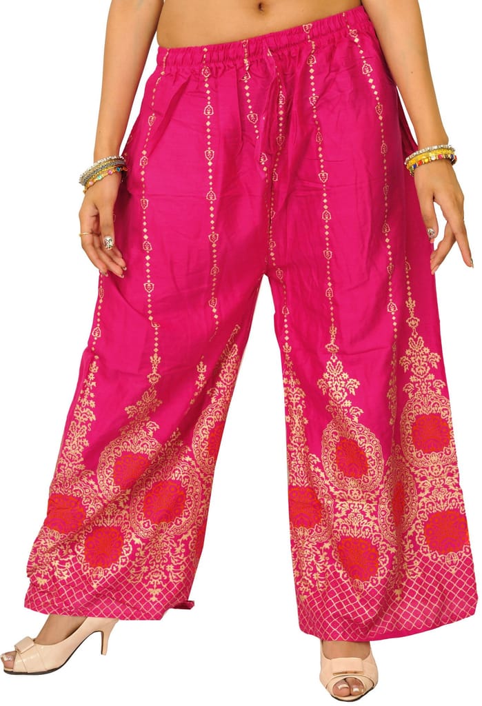 Fuchsia-Rose Casual Yoga Trousers with Golden Floral Print view 2