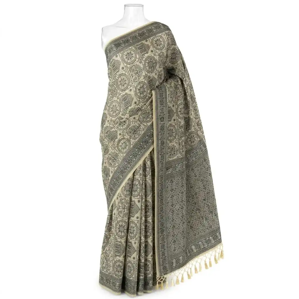 Tussar Sambalpuri Saree Geometric Floral Print – Multicolor