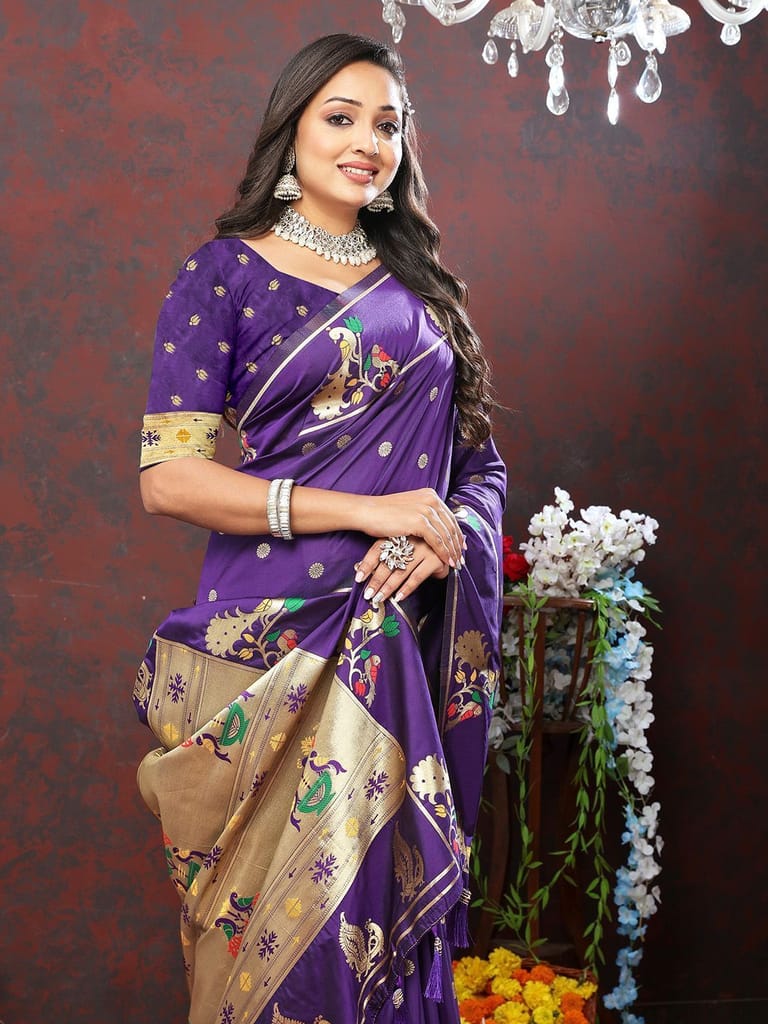 Purple Soft Paithani Silk Woven Design Gold Zari Meenakari Weaving Saree view 2