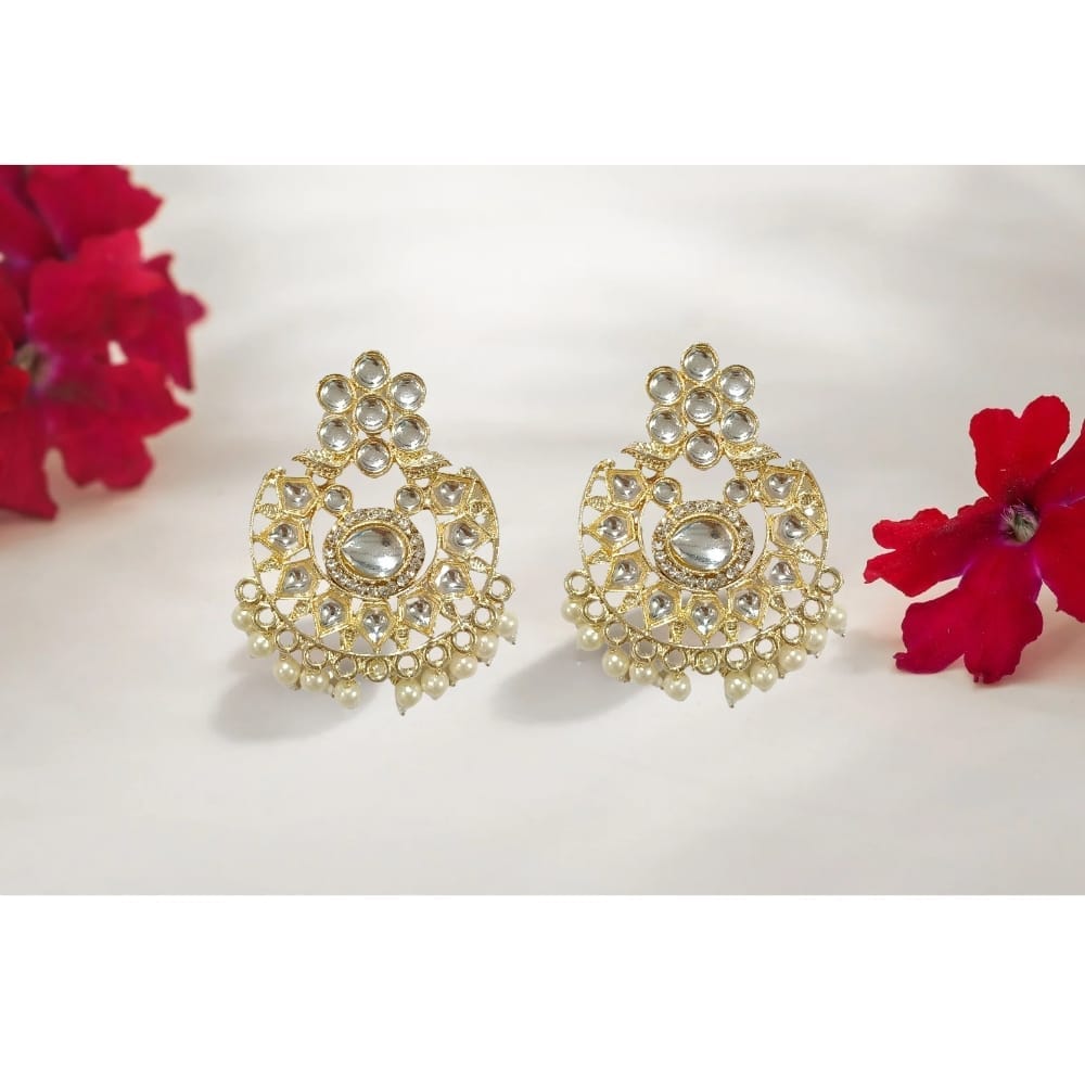 Jewelryklub Gold Plated Kundan Chandbali Earrings With Pearls - White view 2