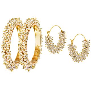 Combo of Pearl Cluster All Occassion 2.4 inch Bangle Set with Earrings view 2