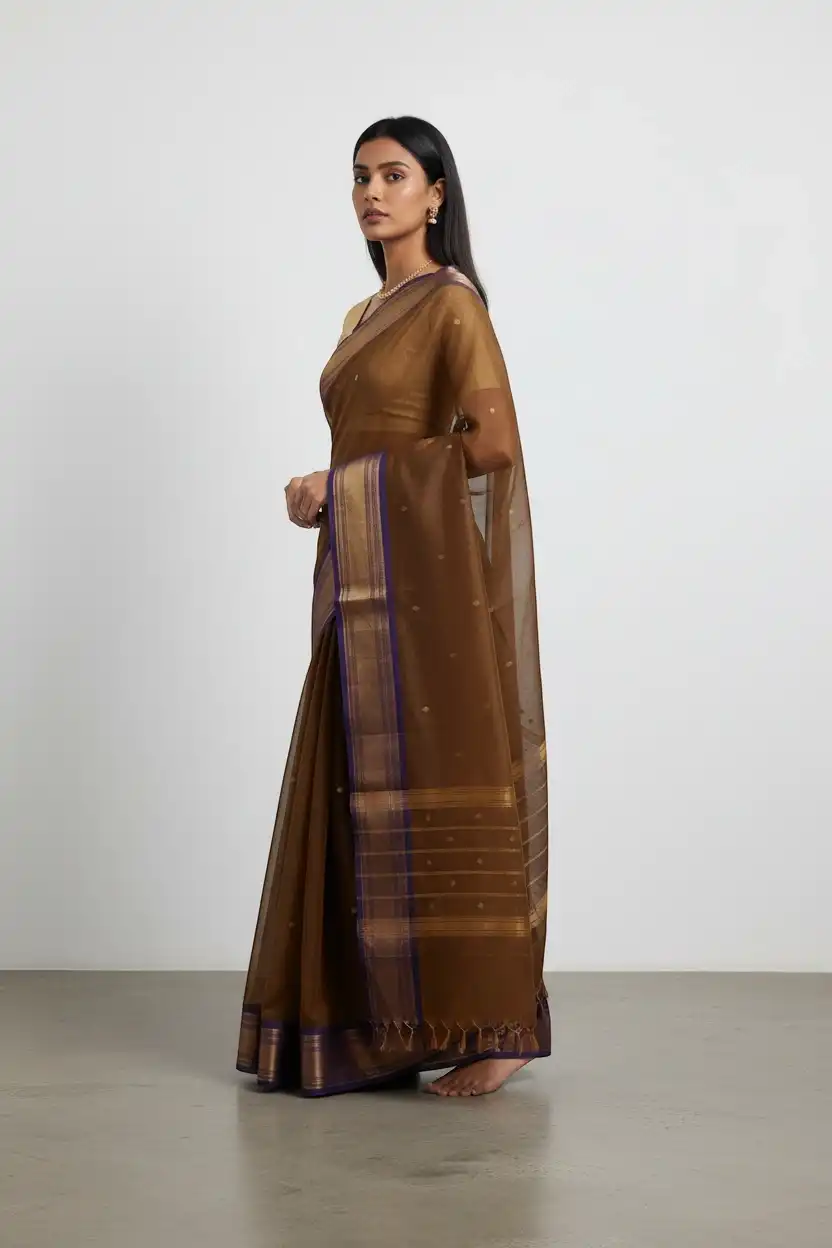 Handwoven Kanchipuram Cotton-Silk Saree in Coffee Brown with Zari Buttas