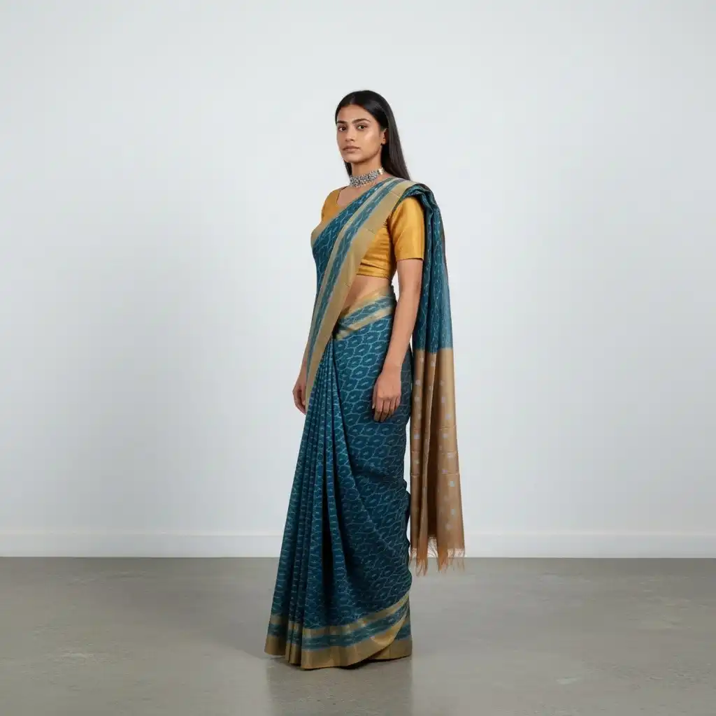 Indigo Blue Pochampally Ikat Saree in Mercerized Cotton, Temple Border view 2