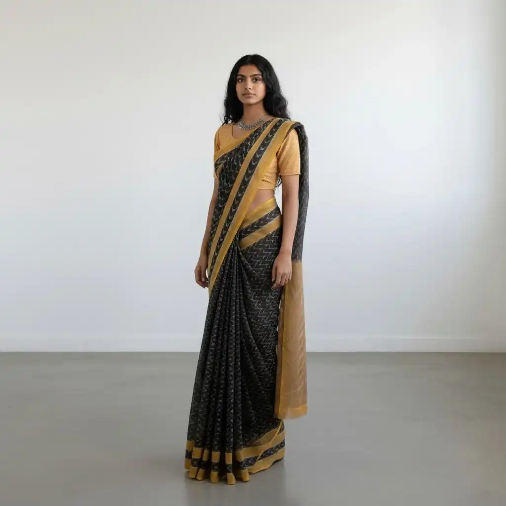 Charcoal Grey Pochampally Mercerized Cotton Saree, Temple Border view 2
