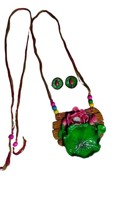 Floral Necklace Set green colour with earrings view 2
