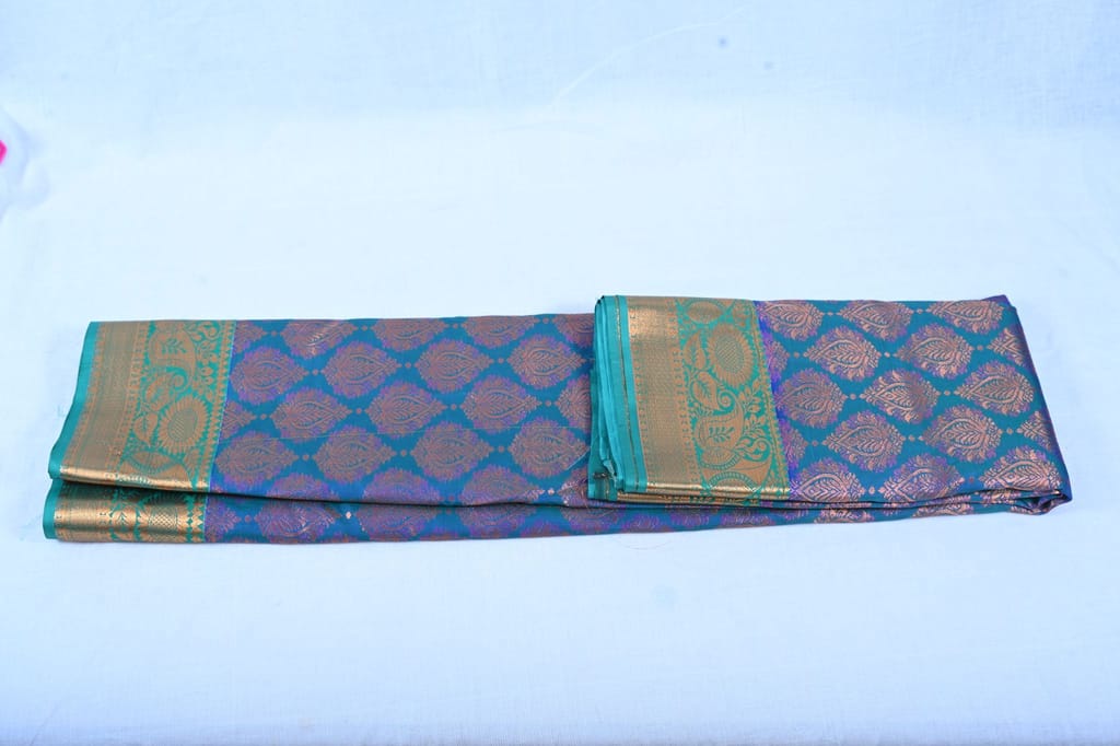 Peacock Blue Pure Handloom Kanchipuram Silk Saree view 2