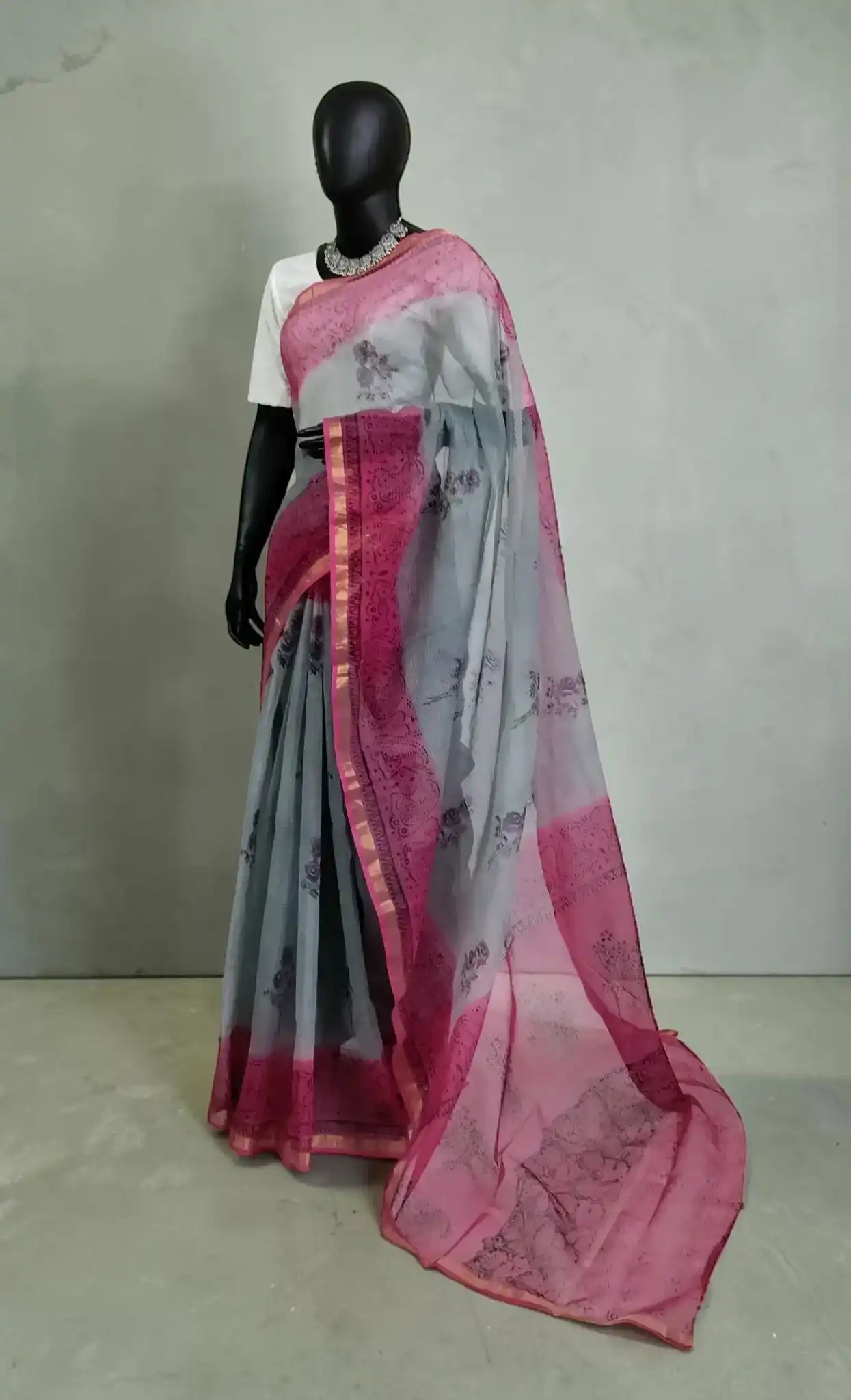 Handloom Kota Doria Saree with Block Print and Zari Border view 2