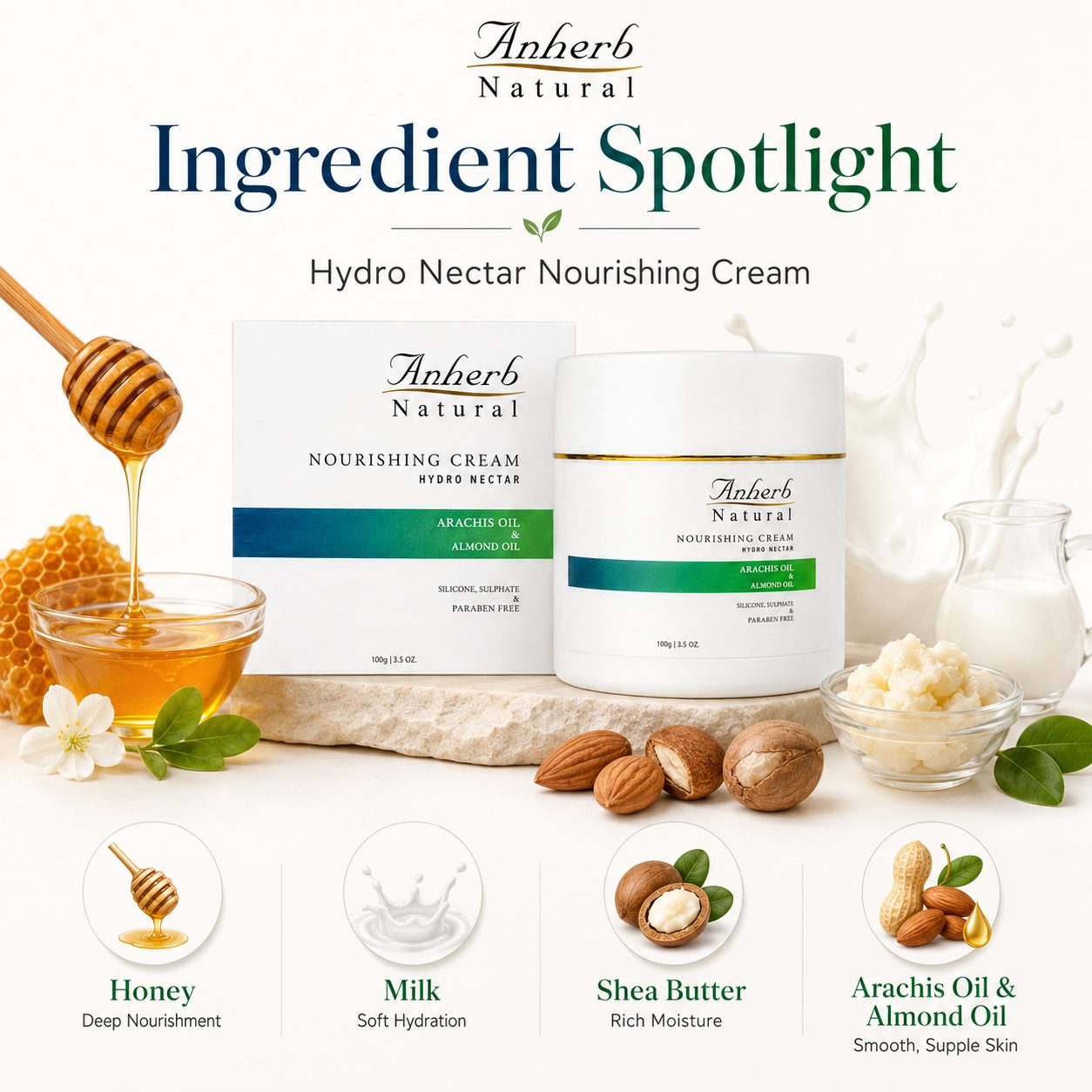 Anherb Natural Hydro Nectar Nourishing Cream, Intensive 24-Hour Hydration, Sunflower Oil, Arachis Oil, Milk, Honey & Shea Butter - 100g view 2