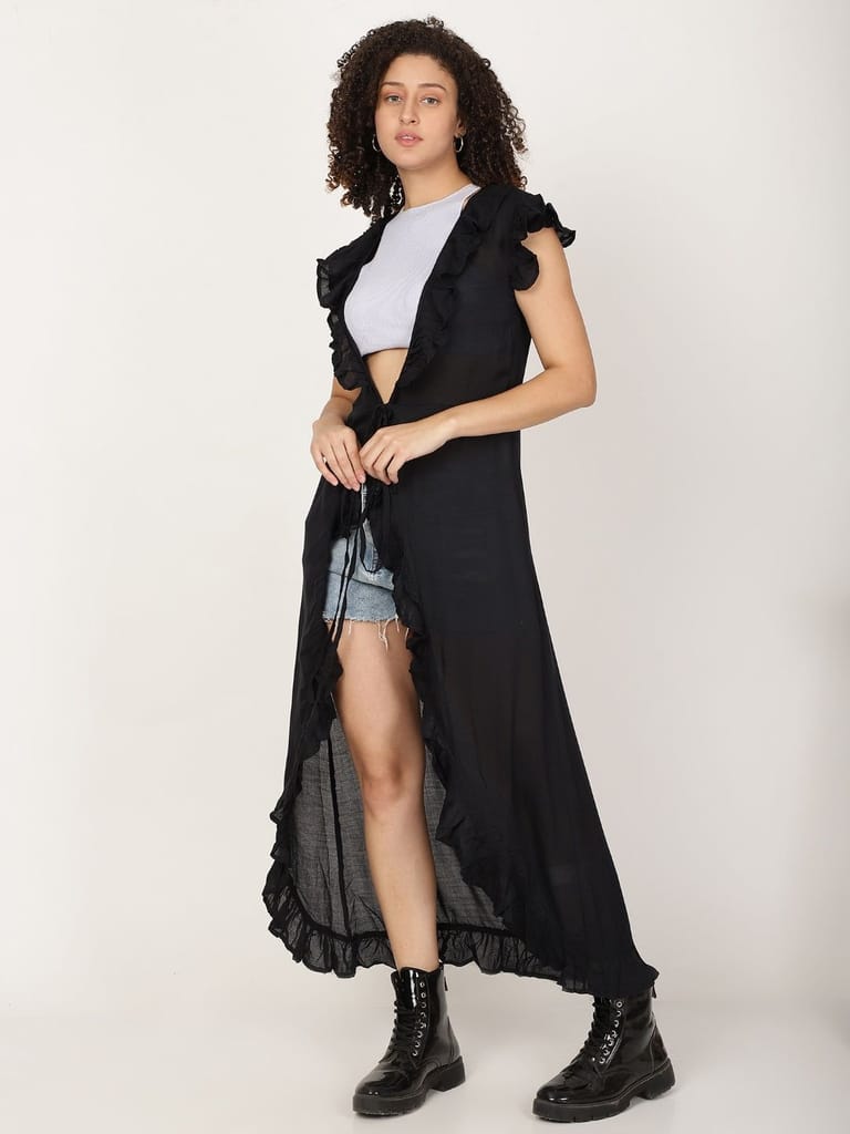 Long Ruffled Kimono shrug With Waist Tie Belt view 2
