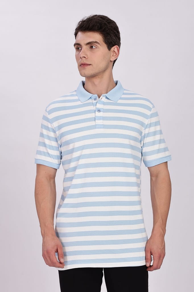 Puff Cotton Sky Blue & White Striped Polo view 2