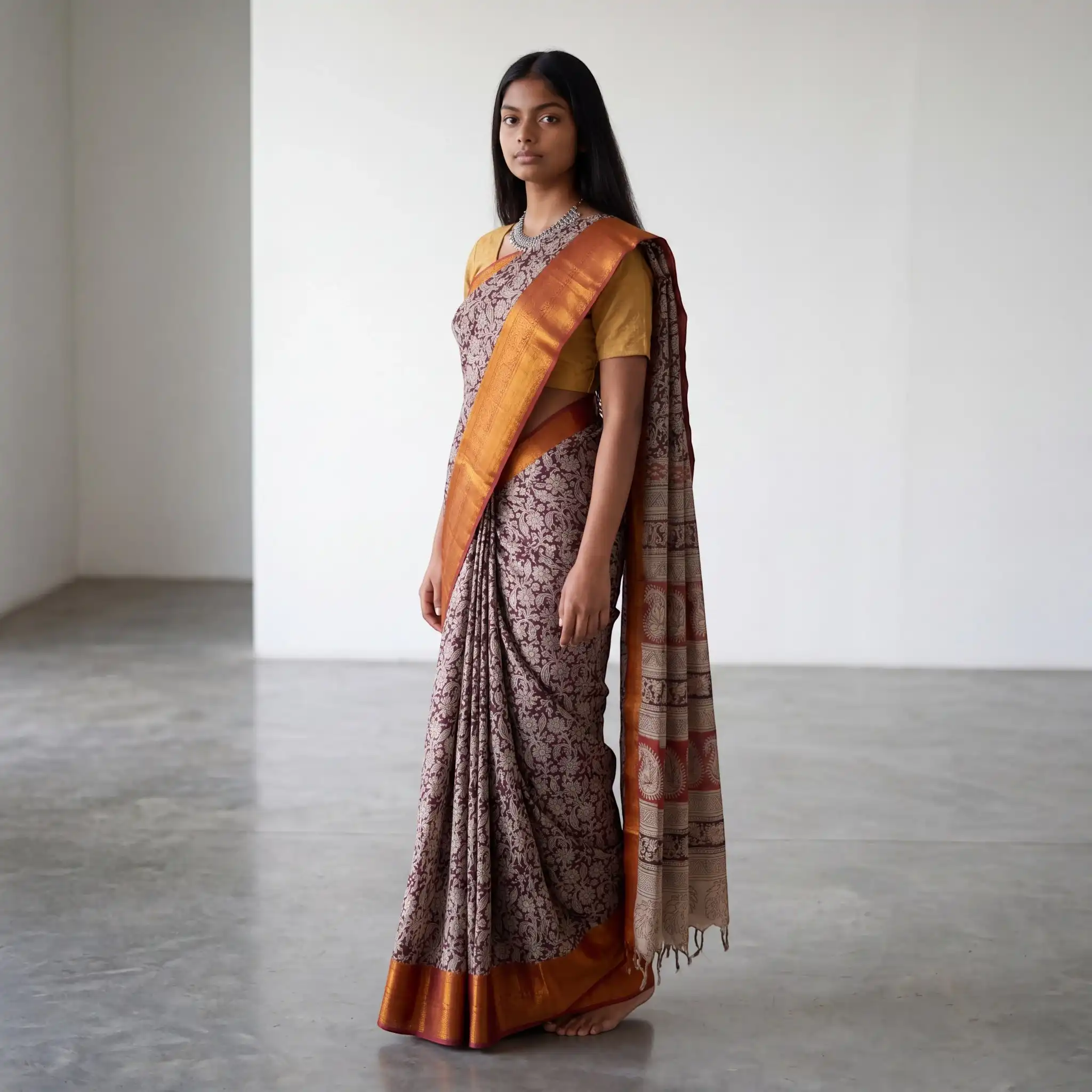 Pedana Kalamkari Block Print Saree Chocolate Brown view 2