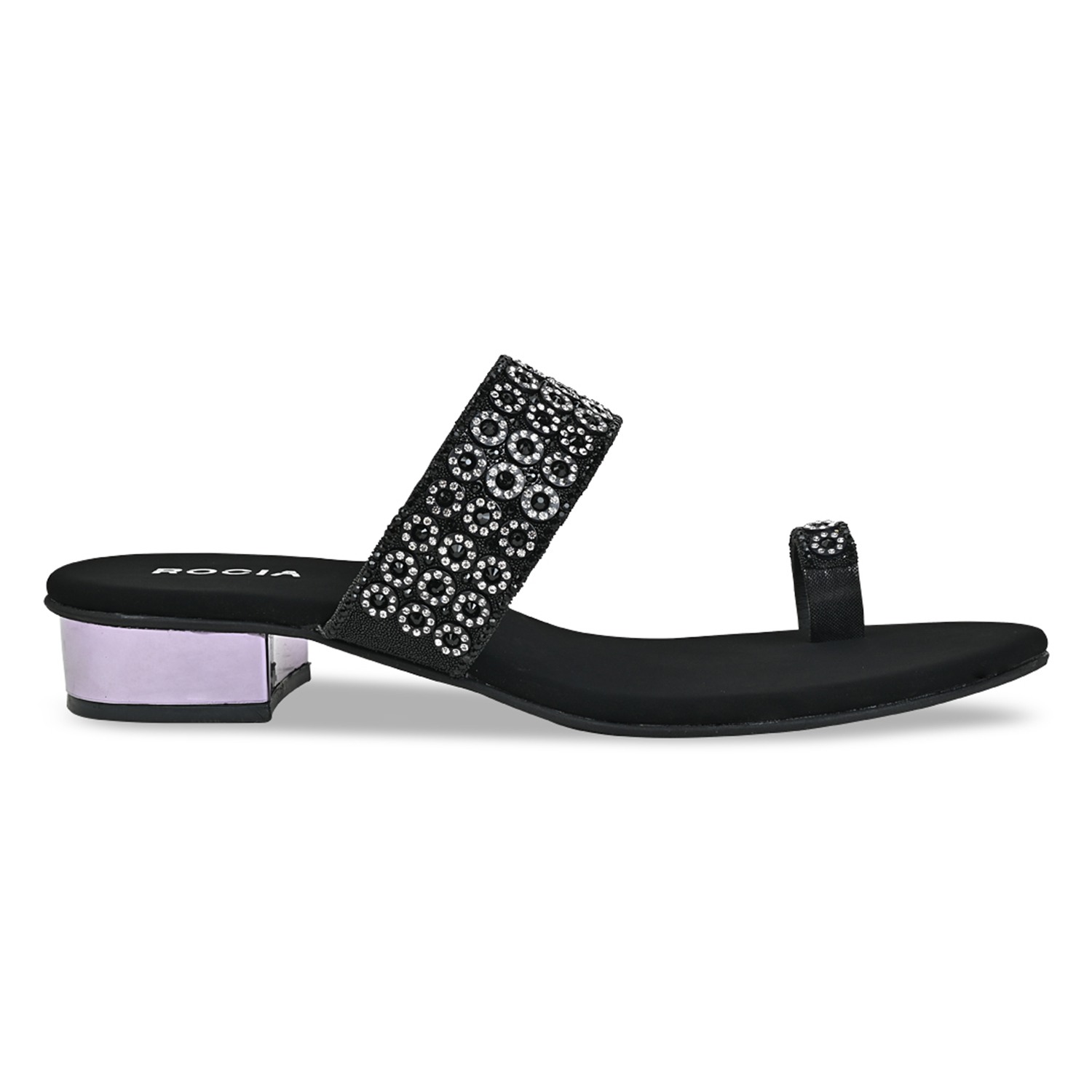 Black Women Diamond Embellished Box Heel Sandals view 2