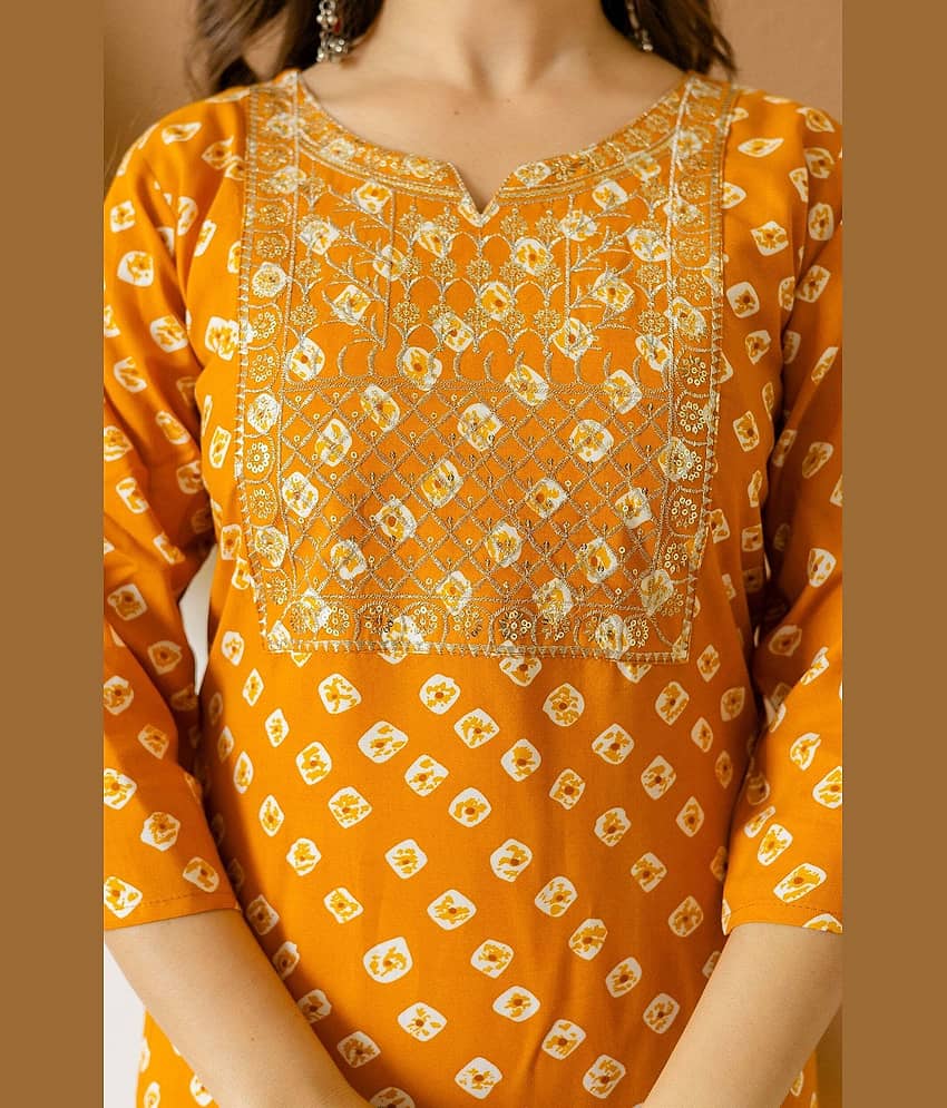 Kapadia Women Cotton Blend Embroidered Straight Kurti ( Orange ) view 2
