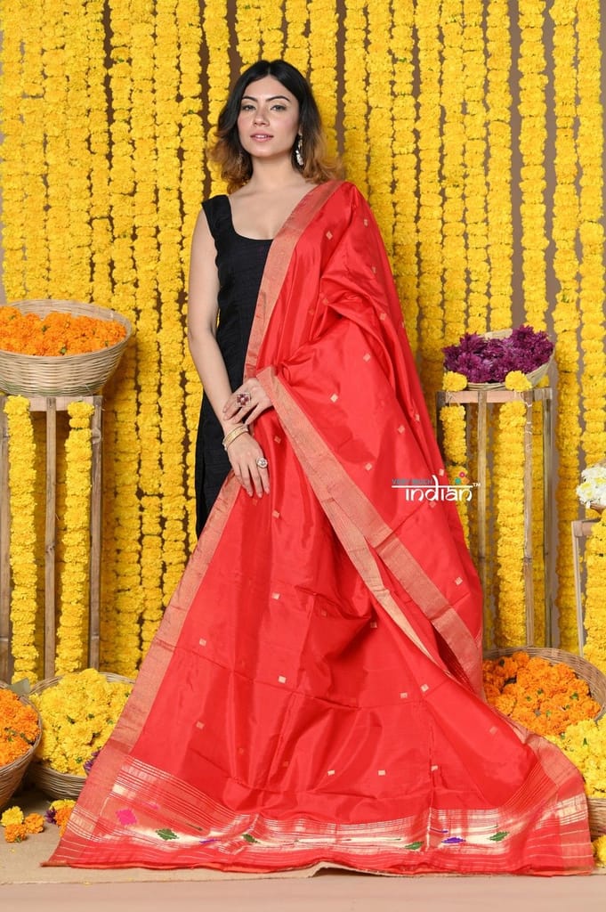 Rajsi~Handloom Pure Silk Paithani Dupatta With Beautiful Zari Work and Handwoven Buttis~red view 2