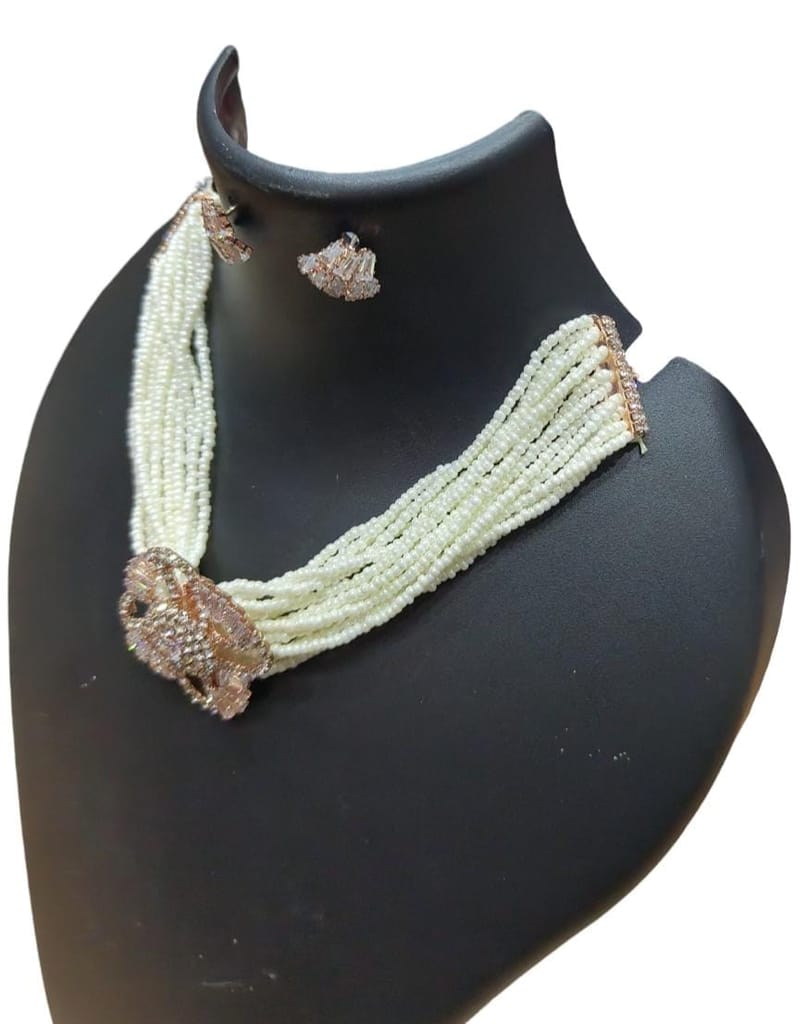 White Pearl and Rhinestone Necklace Set with Flower Pendant view 2