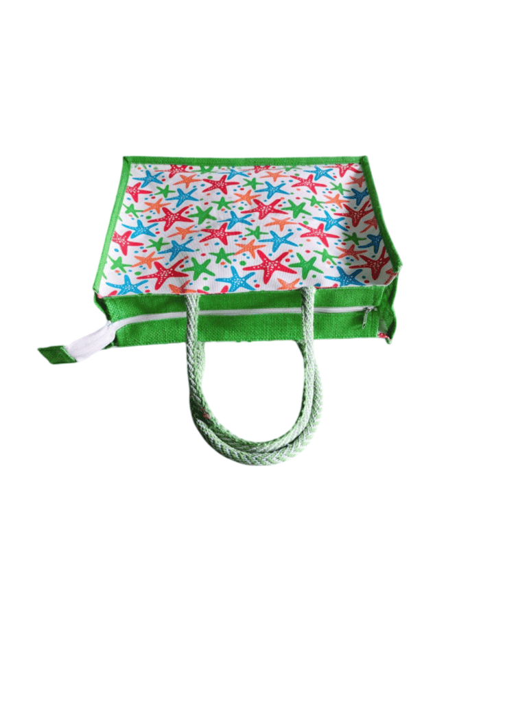 Colorful starfish printed jute tote bag with green border view 2