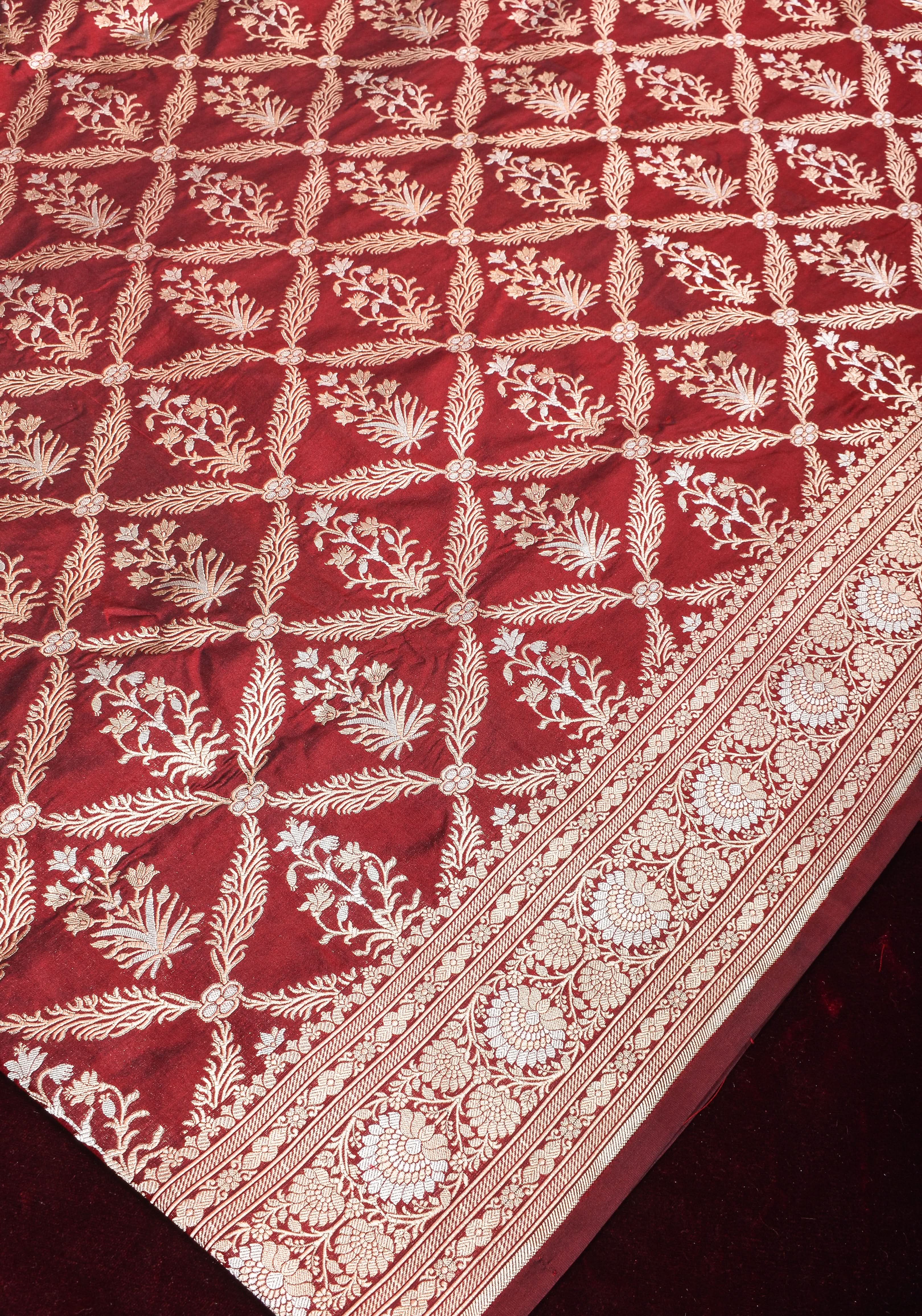 Brown Exquisite Alfi Florals Jaal Katan Silk saree with Zari border | SILK MARK CERTIFIED view 2