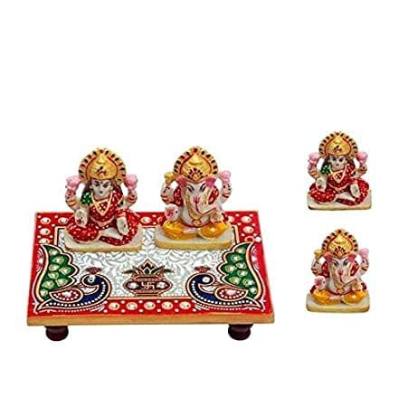 Patwari Arts Laxmi Ganesh Ji Idol with Marble Choki, Hand-Crafted Peacock Design Small Marble Chowki for God (6x4 Inche) view 2