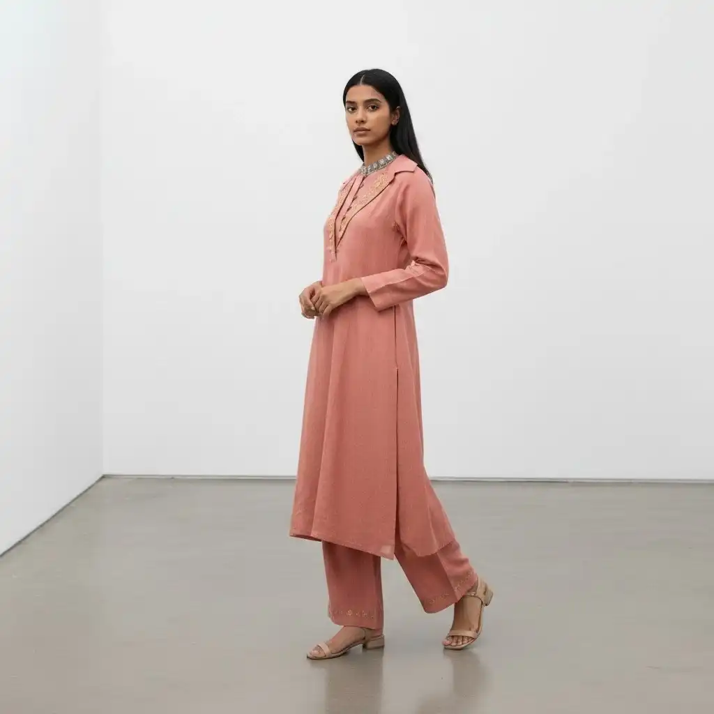 Dusty Rose Handloom Cotton Co-Ord Set with Mirror Work view 2