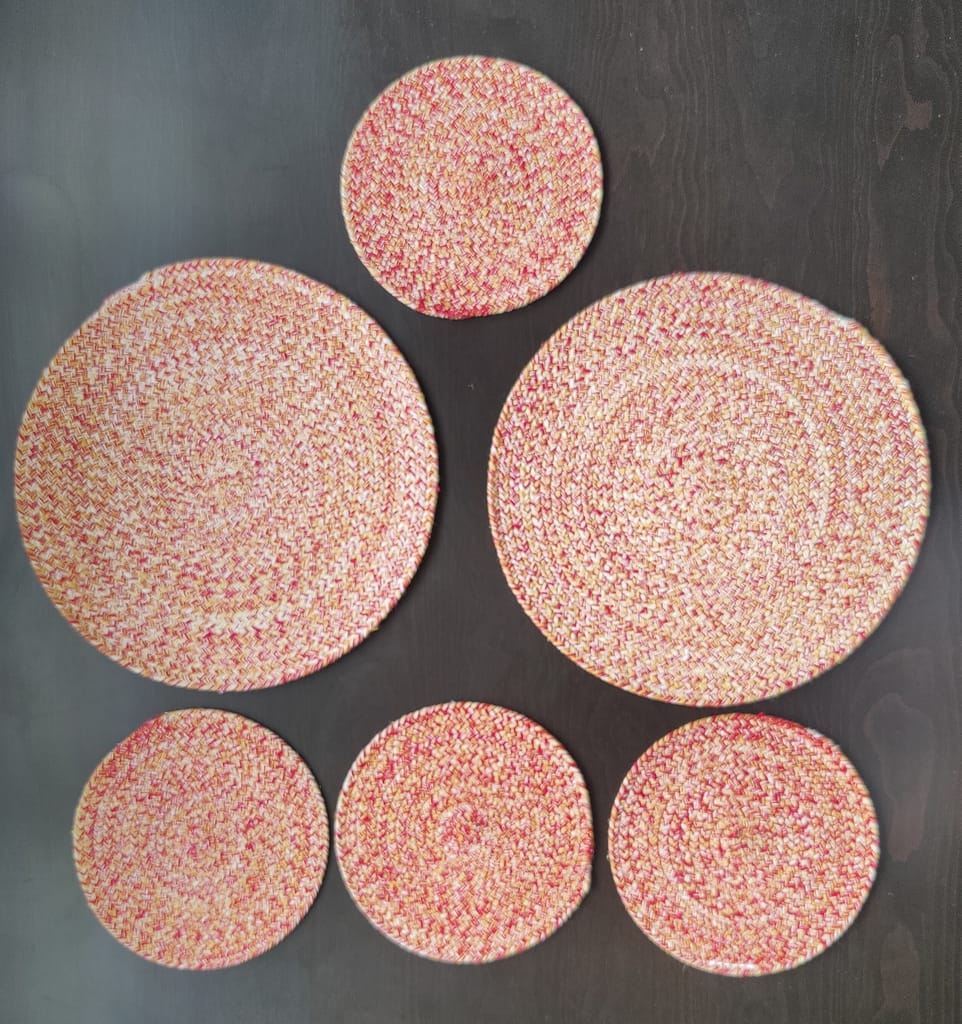 Round table mats cotton placemats (pack of 6) | Big Mats & Hotpads / trivets, Heat Resistant, Reversible Use (Red - Yellow) by Bulky Santa view 2