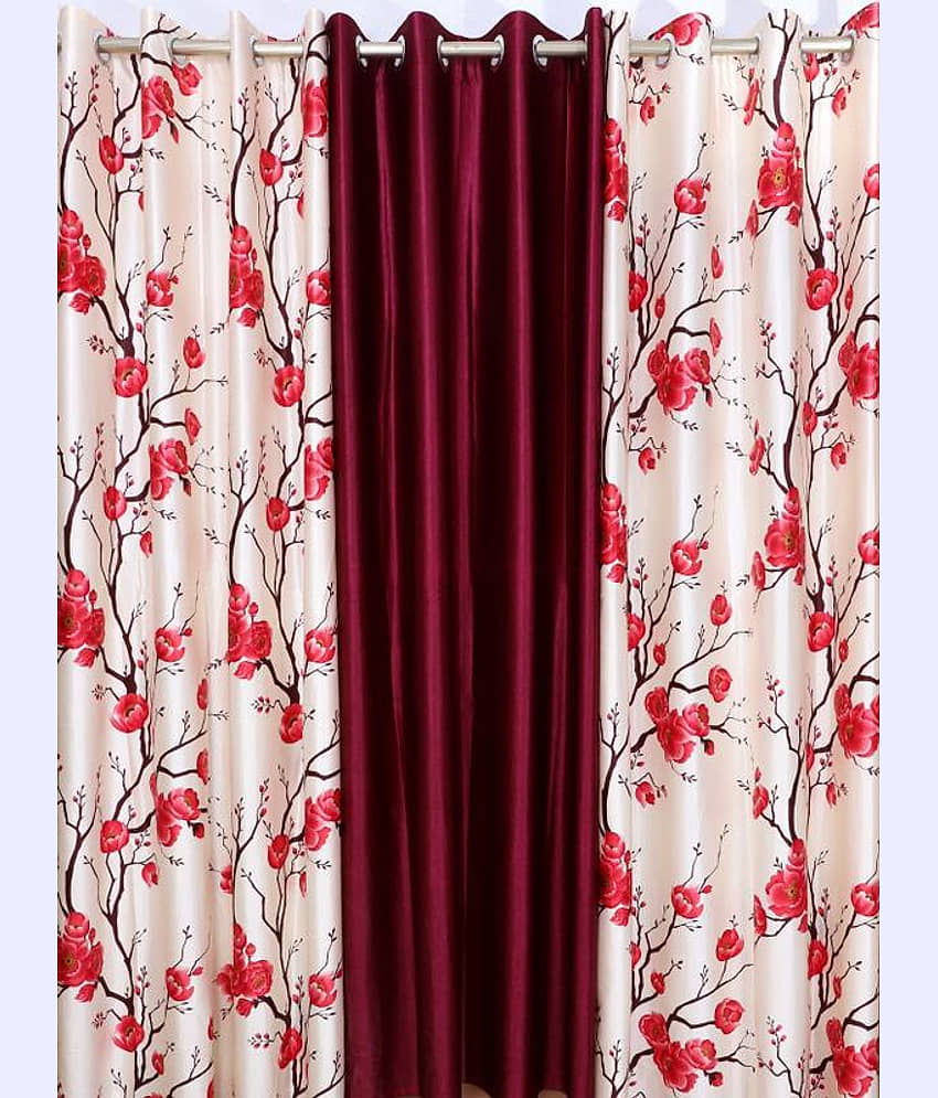 Kraftiq Homes Floral Semi-Transparent Eyelet Curtain 7 ft ( Pack of 3 ) - Red view 2