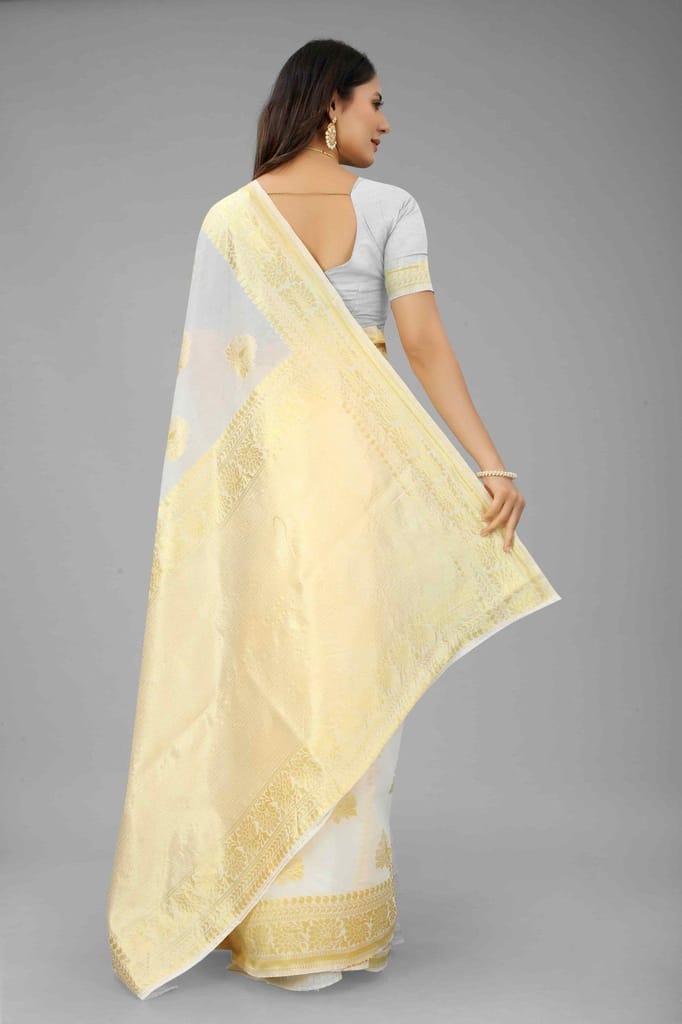 Women's Pearl White Kanjiwaram Art Silk Saree With Unstiched Blouse Piece view 2