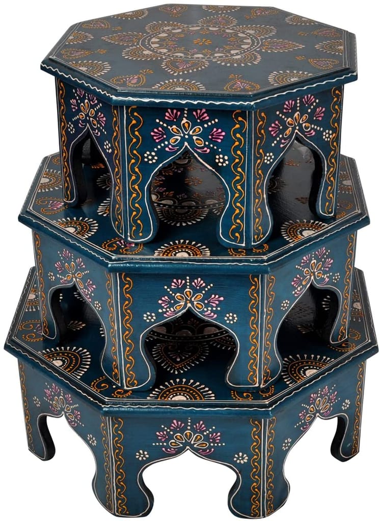 Home Design Wooden Bajot Set for Home Decor, Multicolour | Wood Bajot | Wood Chowki | Octangle Shape Bajot (Blue-set of 3)