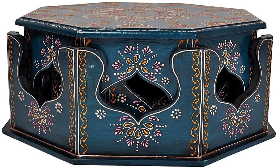Home Design Wooden Bajot Set for Home Decor, Multicolour | Wood Bajot | Wood Chowki | Octangle Shape Bajot (Blue-set of 3) view 2