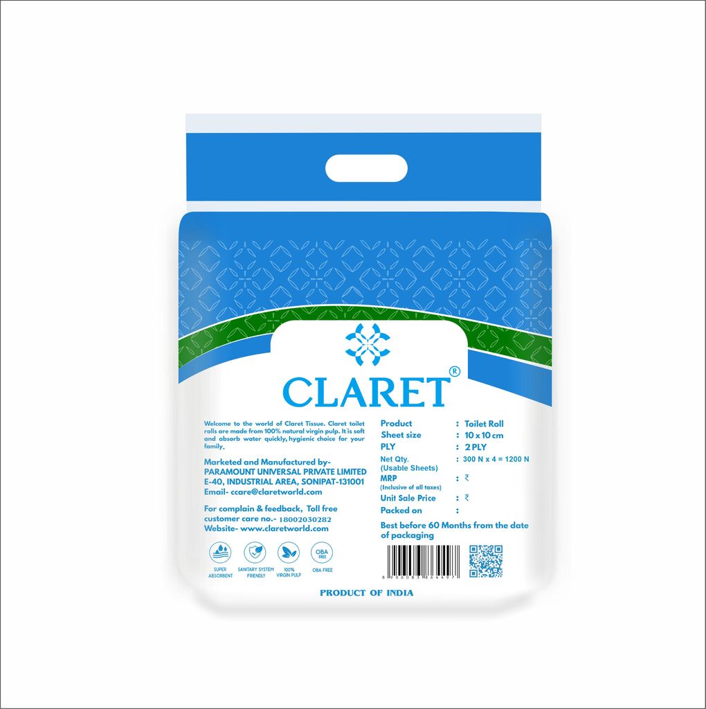 Claret Super Soft Toilet Paper – Hygienic & Super Soft, Toilet Paper, Hygienic, Eco-Friendly, Virgin Pulp, 100% Virgin Pulp (4 Rolls, 300 Pulls Each) view 2