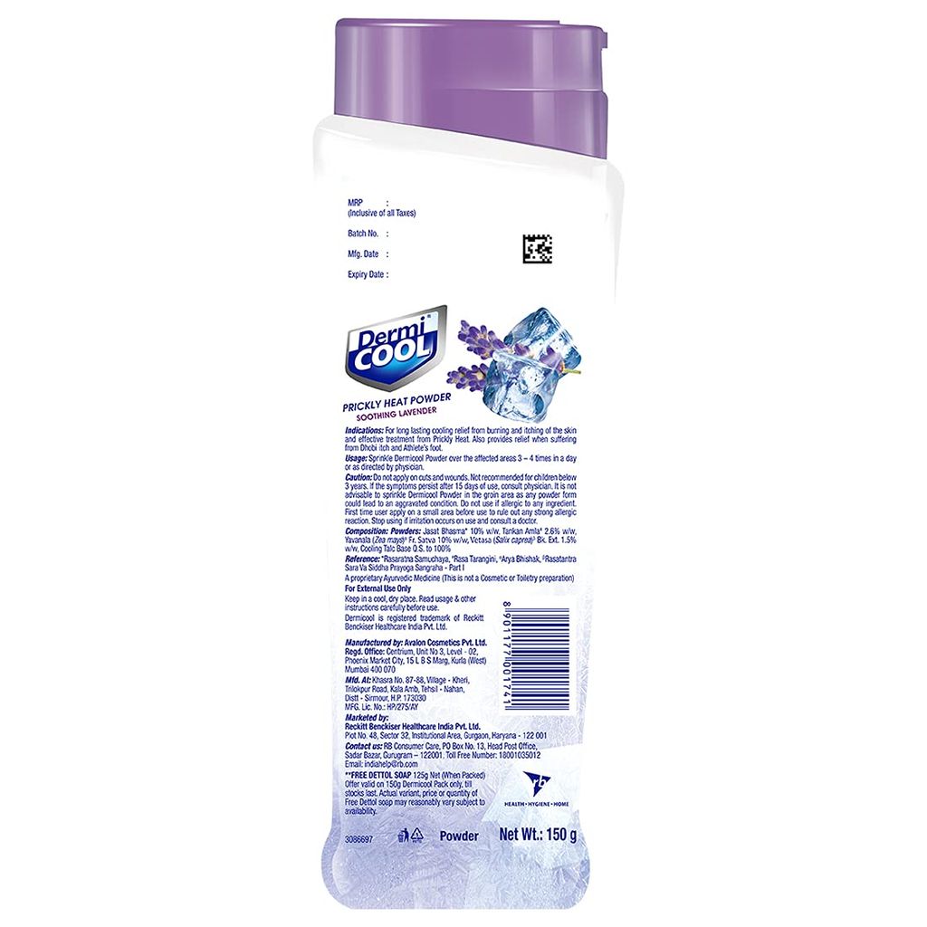 Dermicool Soothing Lavender Prickly Heat Powder – 150g (Pack of 2) | Dettol Cool Soap 125g Free | Cooling relief from prickly heat, burning & itching of skin view 2