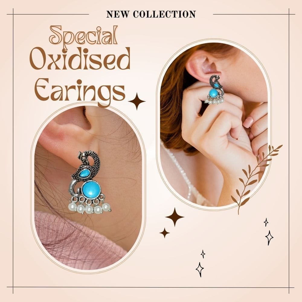 Jewelryklub Earrings For Women Oxidised Silver Peacock Shape Jhumki Earrings For Girls And Women (Blue) view 2