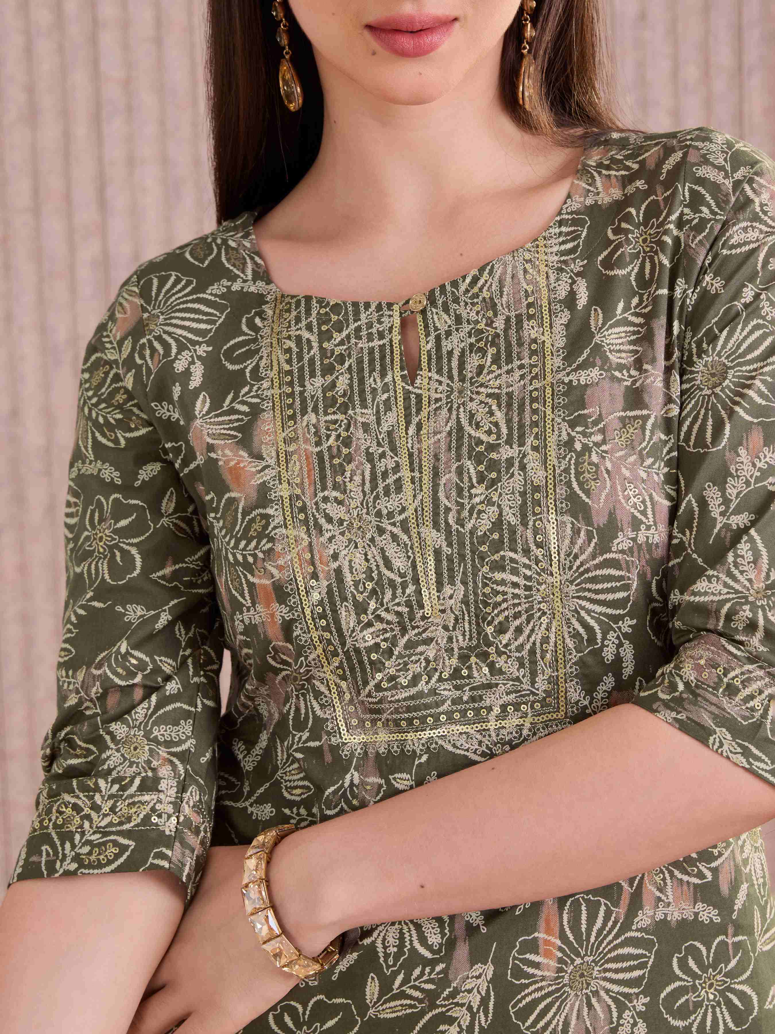 Olive Green Pure Cotton Foil Printed Kurti With Sequins Embroidery view 2