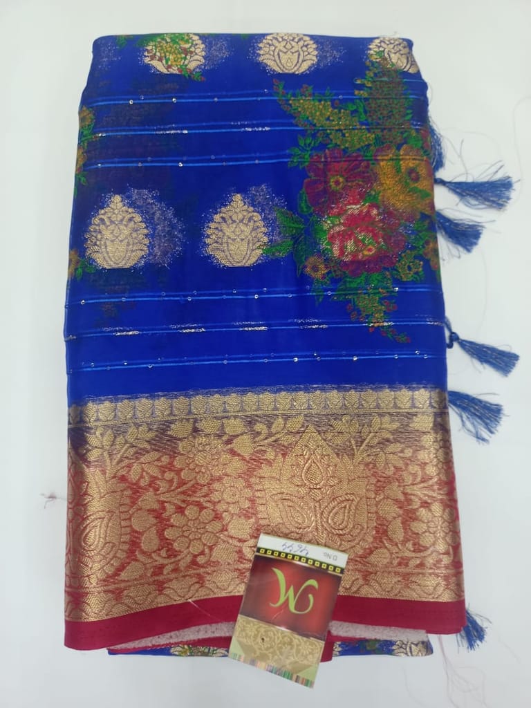 Blue Saree With Golden Zari Border And Floral Buttas view 2